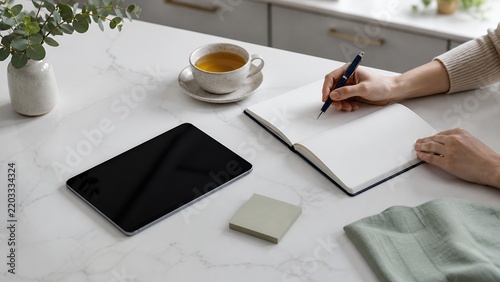 Remote Work Planning on Clean Kitchen Island Workspace