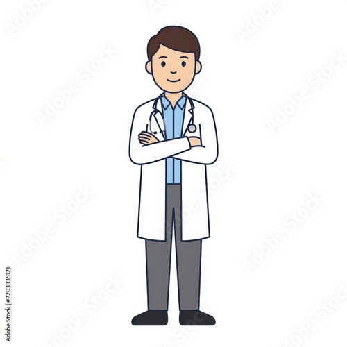 Smiling doctor with arms crossed wearing white coat and stethoscope isolated on white background