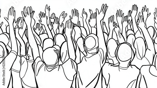 Crowd of Enthusiastic People with Hands Raised in Celebration