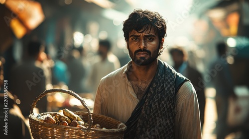 Young man carrying basket of vegetables in vibrant market setting