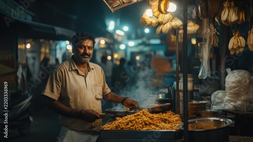 Street Vendor Serving Delicious Snacks at Night Market Stall