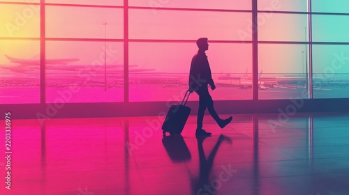 Silhouette of a Traveler with Luggage in an Airport Terminal