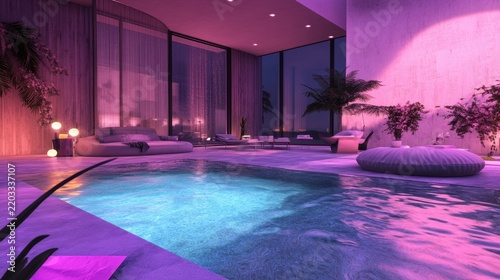Modern Luxurious Indoor Pool Area with Ambient Lighting at Dusk