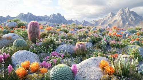 Vibrant Desert Landscape with Cacti, Flowers and Majestic Mountains