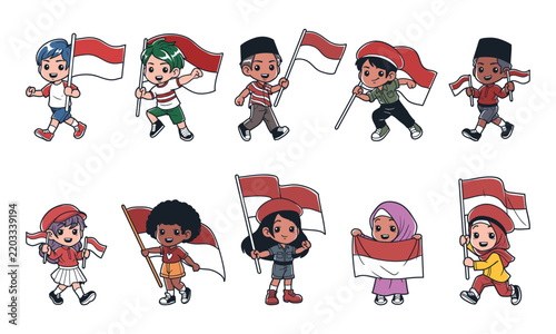 Character kids with indonesian flag vector graphic collection
