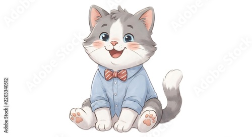 Happy Gray Cat Smiling in Blue Shirt and Bow Tie