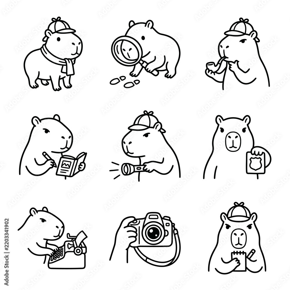 Obraz premium Cute Capybara Detective Illustrations Set: Magnifying Glass, Camera, Typewriter
