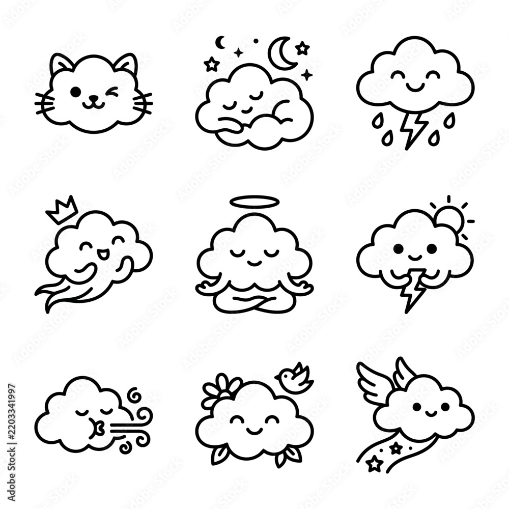 Obraz premium Cute Cloud Icons: Kawaii Characters, Weather, Emotions, and Nature