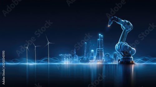 Futuristic Industrial Landscape Featuring Robotic Arm and Renewable Energy Sources with High-Tech City Background