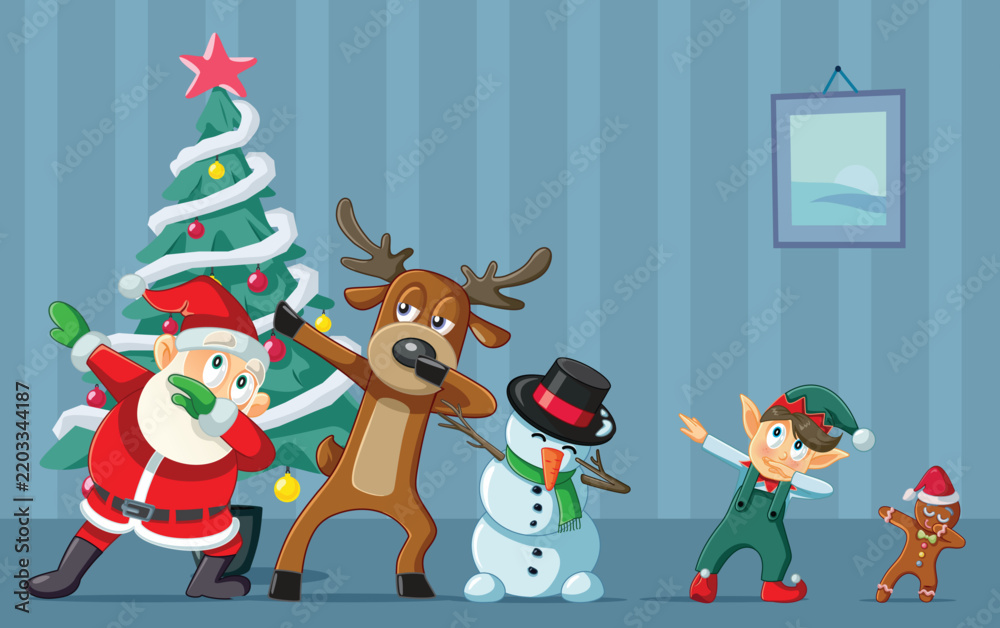 Fototapeta premium Christmas Characters Dabbing In Front Of A Decorated Tree Illustration. Festive illustration featuring Santa Claus, a reindeer, a snowman, an elf, and a gingerbread man doing a dab dance move