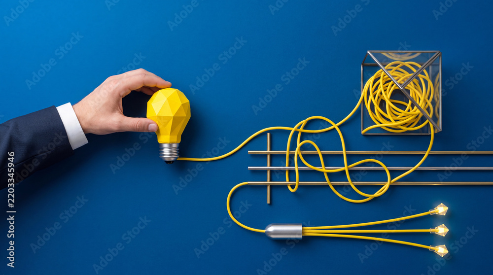 Fototapeta premium Businessman Hand Reaching for Yellow Low Poly Light Bulb Connected by Wires on Blue Background Representing Creative Problem Solving Innovation Strategic Thinking and Complex Idea Management