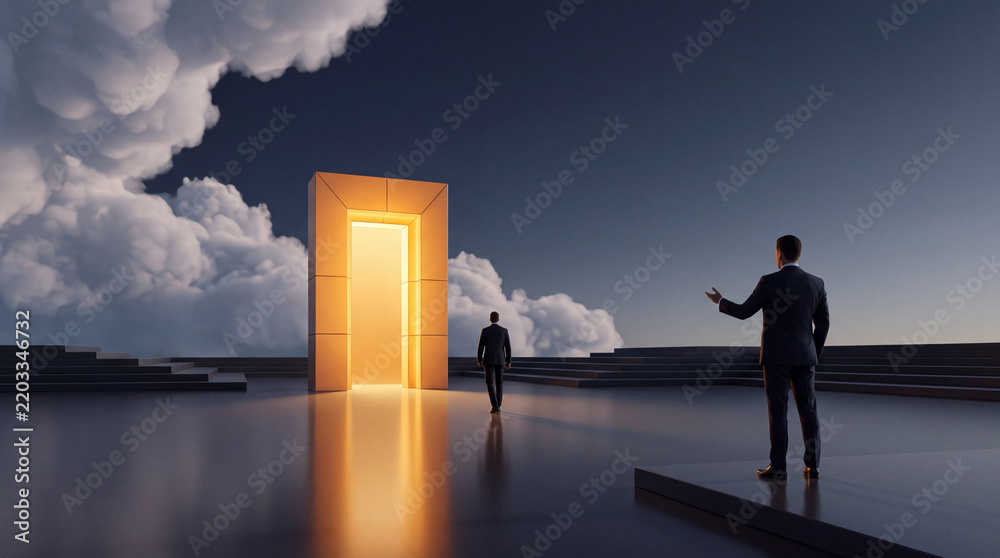 Fototapeta premium Conceptual Business Success Image Showing a Businessman Walking Towards a Glowing Golden Portal or Doorway in a Surreal Cloudy Landscape Symbolizing New Opportunities and Future Career Goals