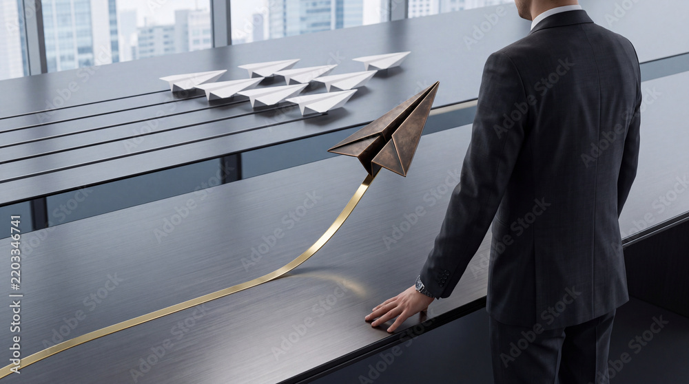 Obraz premium Successful Businessman Standing in Modern Office Watching a Bronze Paper Plane Taking Off on a Golden Path Symbolizing Innovation, Leadership, Strategic Growth, and Competitive Business Advantage