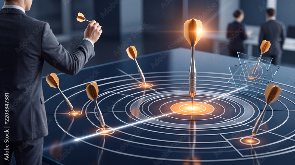 Obraz premium Businessman Aiming at Digital Glowing Bullseye on Futuristic Table for Business Strategy Success, Goal Achievement, and Marketing Target Accuracy in Modern Corporate Office Setting