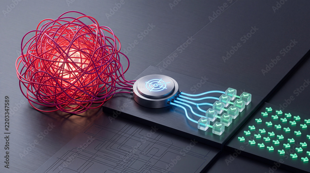 Obraz premium Abstract 3D illustration of simplifying complex chaos into organized data, featuring a tangled red wire mess processed through a central hub into structured green cubes and directional arrows.