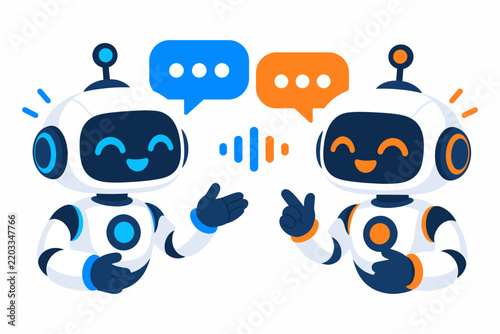 Robots communicating with speech bubbles and sound waves during a conversation