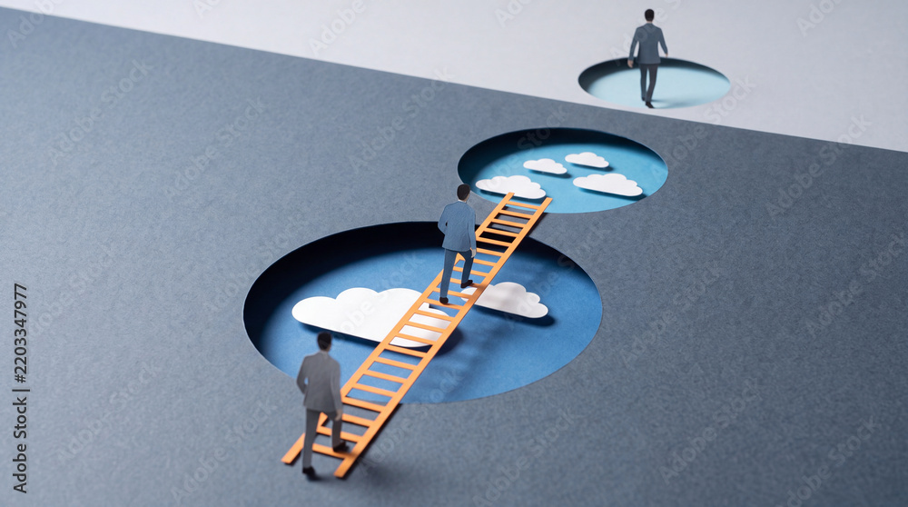 Fototapeta premium Conceptual business image of professional figures using ladders to bridge gaps and climb out of holes toward a sky background representing career growth, success, and strategic corporate planning.