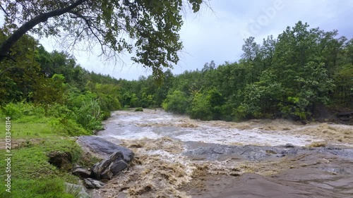 Wide angle view of fast flowing mountain stream and rushing river rapids surrounded by green trees under blue sky