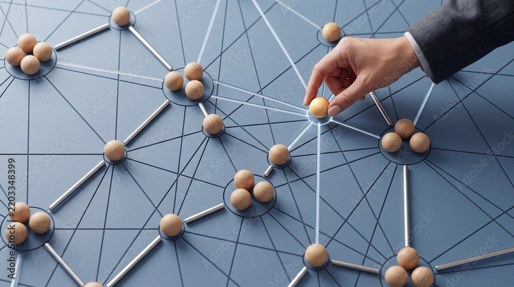 Fototapeta premium Businessperson Hand Placing Wooden Ball into a Complex Connected Network System Representing Global Networking Professional Communication Social Infrastructure and Strategic Business Management