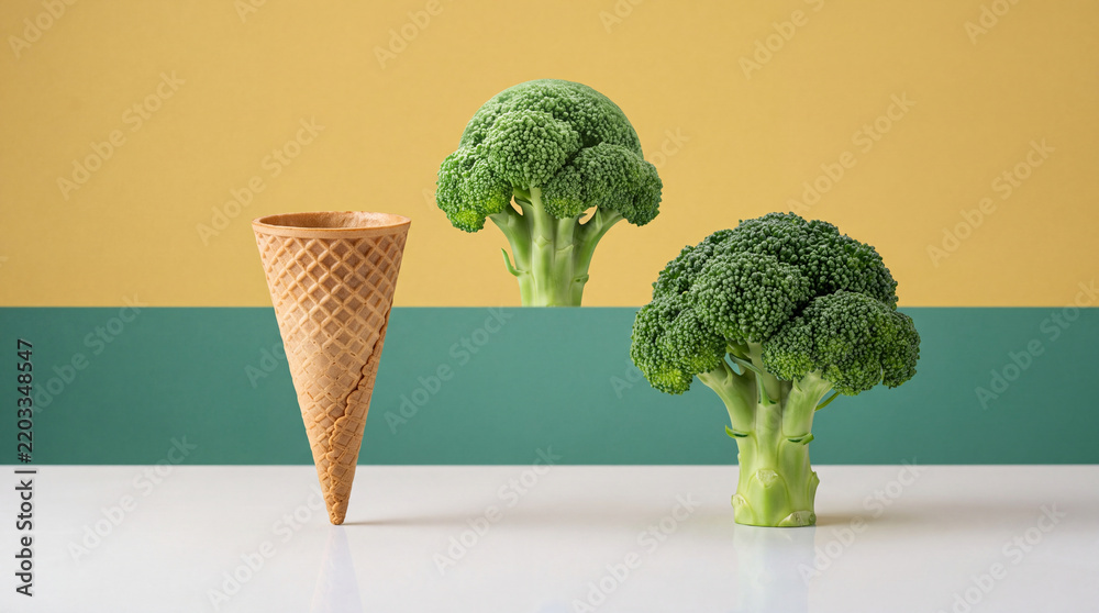 Fototapeta premium Conceptual image of healthy eating and nutrition substitution featuring an empty waffle ice cream cone beside fresh green broccoli florets on a colorful minimalist background