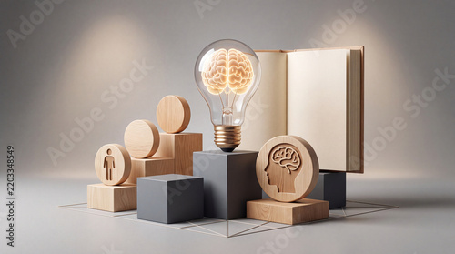 Conceptual representation of human intelligence and innovation featuring a glowing light bulb with a brain filament, wooden blocks, and an open book symbolizing knowledge, creative thinking, and