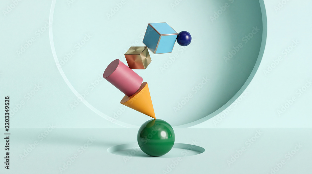 Obraz premium Abstract 3D Rendering of Vibrant Geometric Shapes Balancing Precariously on a Green Sphere Against a Minimalist Mint Background, Representing Concepts of Stability, Equilibrium, and Creative Design