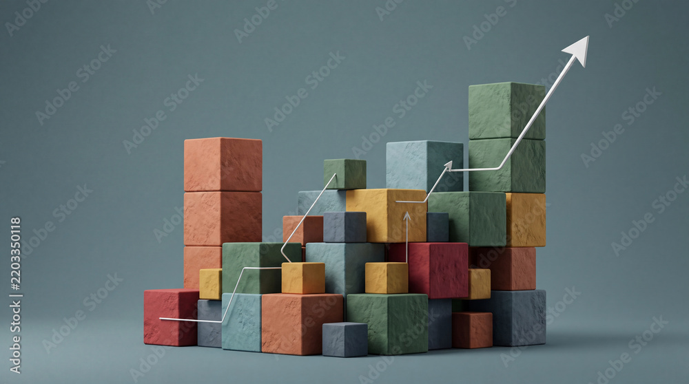 Fototapeta premium Conceptual 3D Illustration of Rising Business Growth Chart Represented by Colorful Stone Texture Cubes and White Upward Arrow on Neutral Background for Financial Success and Data Analysis