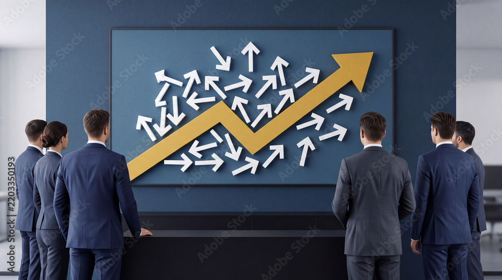Obraz premium Group of Business Professionals Standing and Observing a Large Presentation Board with a Dominant Yellow Upward Growth Arrow Rising Above Chaotic White Directional Symbols in a Modern Office
