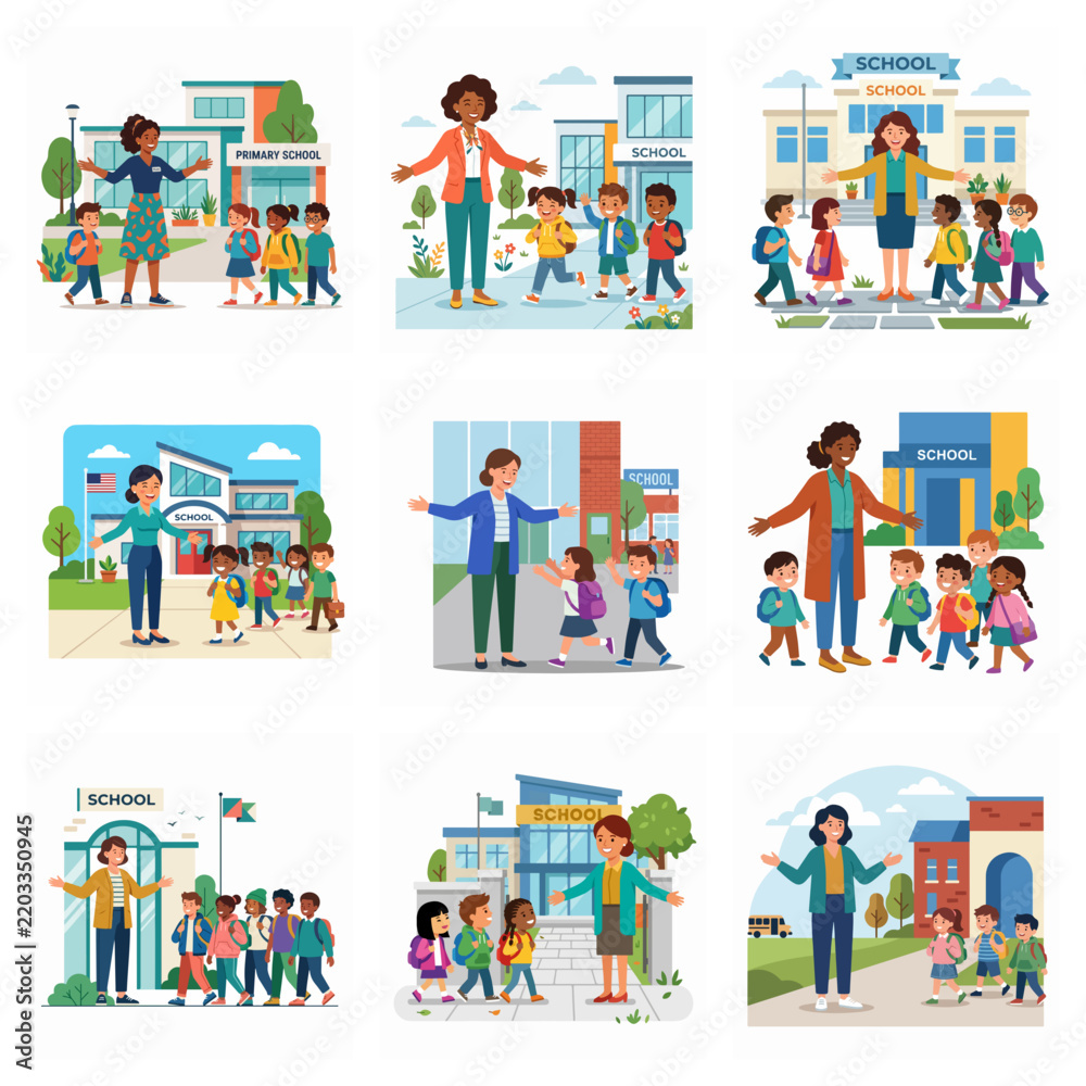 Fototapeta premium Diverse Teacher Welcoming Elementary Students Back To School Set