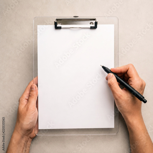 Person Holding Clear Clipboard with Blank White Paper and Pen