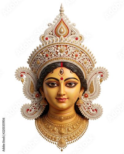 Intricate durga headpiece with ornate jewelry on transparent background