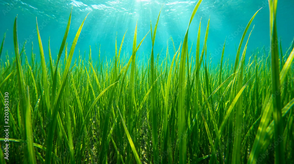 Fototapeta premium Green Underwater Seagrass Meadow with Sunlight Beams Penetrating Clear Blue Marine Water Surface Ecosystem