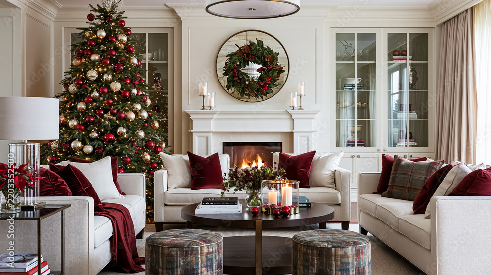 Obraz premium Luxurious living room interior creating a cozy ambiance with a decorated Christmas tree, glowing fireplace, and festive decor