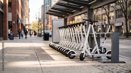 Fleet of matte white electric scooters docked in an automated solar charging rack on pavement