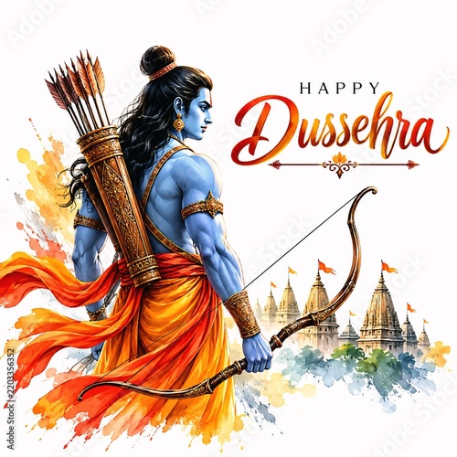 Happy dussehra watercolor style greeting card featuring blue skinned warrior with bow and quiver and temple silhouette