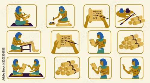 Obraz na plátně Ancient Egyptian scribes writing hieroglyphs on papyrus scrolls, flat design ico