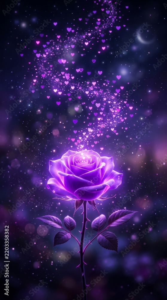 Obraz premium Magical purple rose surrounded by floating glowing hearts in dreamy night atmosphere with sparkles