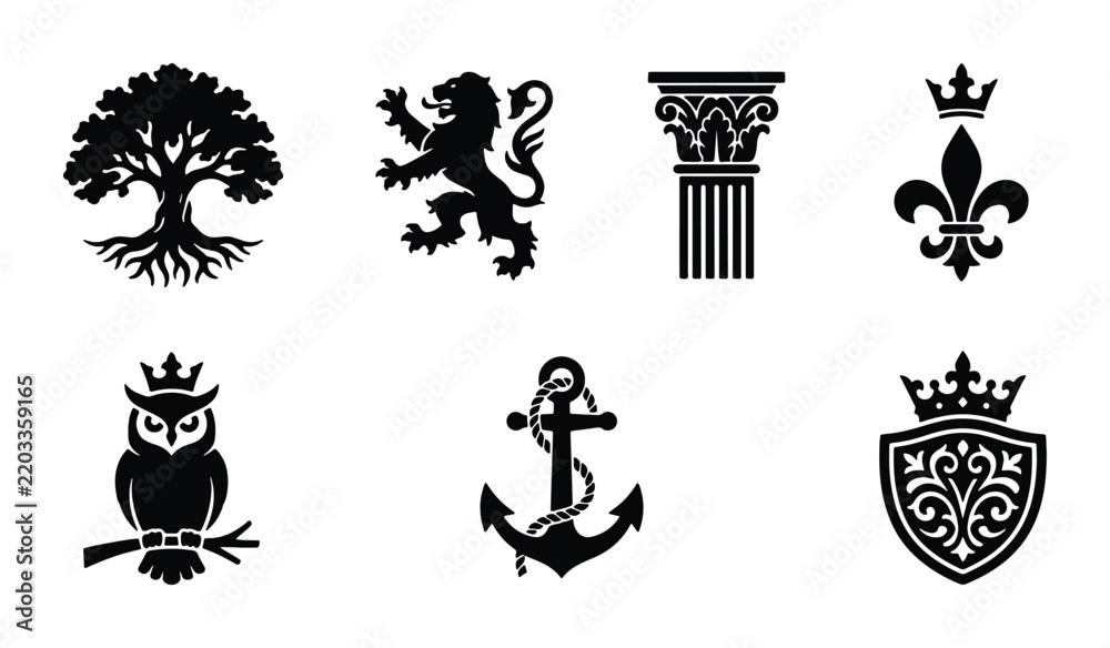 Fototapeta premium Elegant Vector Icons: Tree, Lion, Column, Fleur-de-lis, Owl, Anchor, Crest for Branding and Design