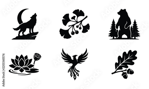 Nature Icons Set: Wolf, Bear, Phoenix, Lotus, Ginkgo, Oak Leaf, Vector Graphics for Branding and Design