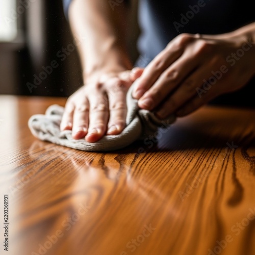 Close-up of hands polishing a polished wooden surface with a cloth, highlighting texture and shine.