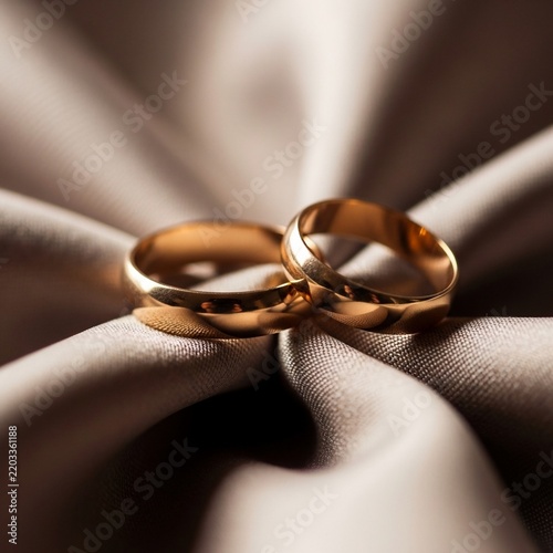 Golden wedding rings nestled on luxurious satin fabric, symbolizing commitment and eternal bond.