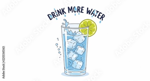 Refreshing glass of iced water with lime and text 
