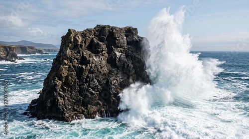Powerful Ocean Wave Splashing Against Giant Sea Rock Stack with Coastal Cliffs and White Seafoam under Daylight Sky
