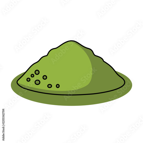 A pile of green powder, likely matcha, sits on a small dish, its textured surface and simple illustration style evoking a sense of natural purity