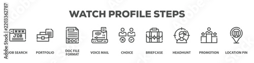 Watch Profile Steps with icon of Job search, Portfolio, Doc file format, Voice mail, Choice, Briefcase, Headhunt, Promotion, Location pin
