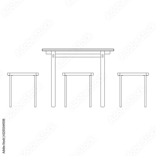 Front view outline of a minimalist square dining set with a square table and four stools, suitable for furniture catalogs and technical presentation drawings.
