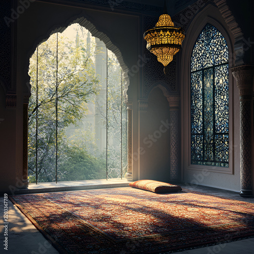 Tranquil interior showcasing classic architecture illuminated by natural light and featuring intricate window designs