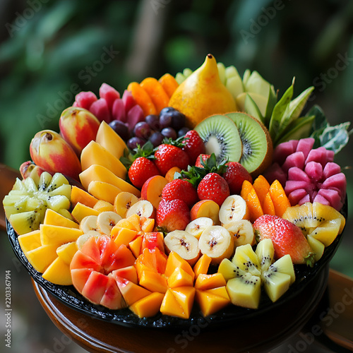 Vibrant and colorful fruit platter displaying an assortment of fresh seasonal fruits on a rustic table