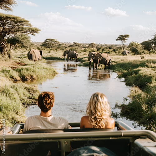 Pair of travelers admiring a breathtaking landscape with elephants near a river in the heart of the african wilderness