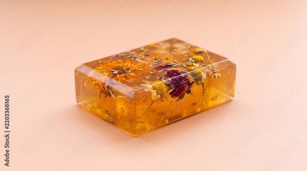 Obraz premium Handcrafted bar of soap with floral and herbal embellishments.